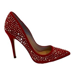Jean-Michel Cazabat Red Suede Embellished 4” Heels Pumps 38 1/2